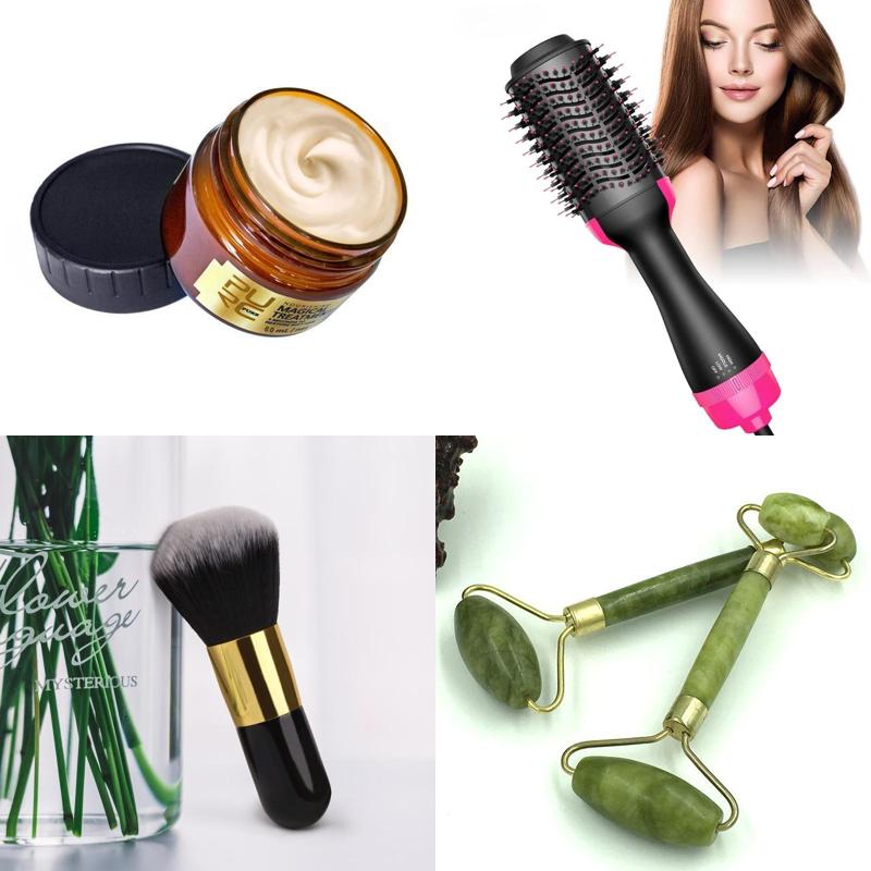 Complete Skin Care Routine Pack featuring brush, jade roller, hair dryer, and mask.